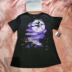 Womens M Flying Witch & Black Cat Halloween Night Foil Text Graphic Tee NWT